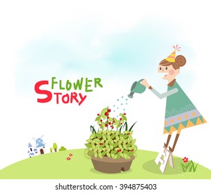 A girl watering a big flowerpot in spring