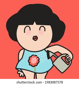 Girl Watering A Blooming Flower In Her Body. Cultivate Happiness Inside Concept Card Character illustration