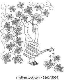 Girl with a watering can. Doodles art. Printing on T-shirts, banners, posters, cover. Coloring page book for adults and children.