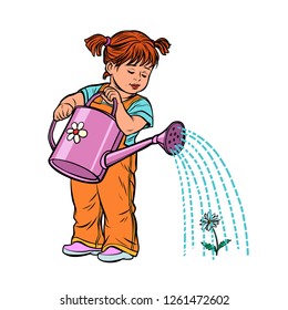 Girl watering can watering a flower. Isolate on white background. Pop art retro vector illustration kitsch vintage