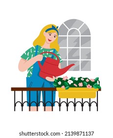 Girl with a watering can is watering flowers on the balcony isolated on white. Women's hobby. Balcony gardening. Concept of caring for plants in home. Vegetable garden in the city. Vector illustration