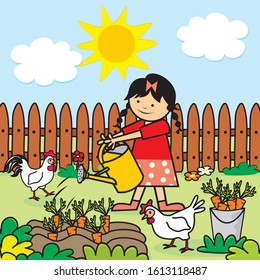 Girl with watering can in the garden, vector illustration