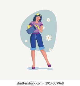 A girl with a watering can in her hands, on a background of flowers. Vector illustration. Layout, postcard, illustration, website, taking care of plants