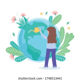 girl with watering can pouring water world, save the planet protection nature and ecology concept vector illustration