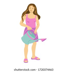 Girl with a watering can. Vector illustration. Isolated on a white background.