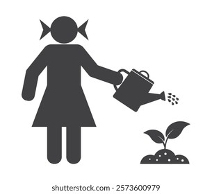 Girl with watering can water shower plant in garden icon