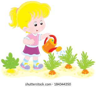 Girl watering carrots