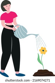 Girl watering a flower from a watering can, the concept of growth and self-improvement, vector illustration female in a flat style