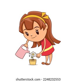 Girl watering flower cute child caring plant