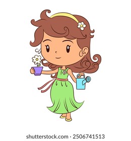 Girl watering flower, cute child caring plant