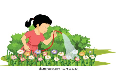 girl is watering the flower garden - illustration