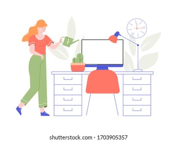 Girl watering a flower in the home office. Desktop, monitor, chair. Urban jungle and plant care. Vector flat illustration.