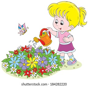 Girl watering flowers