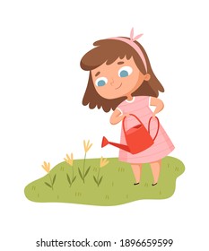 Girl watering flowers. Baby with watering can cares for garden. Isolated cute little cartoon child meadow vector illustration