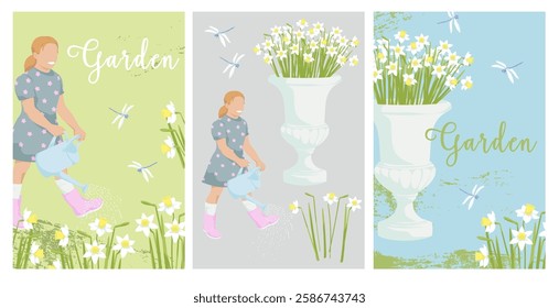 Girl watering flowers from a watering can. Blooming daffodils in planter. Set Elements for creating cover, postcard, background