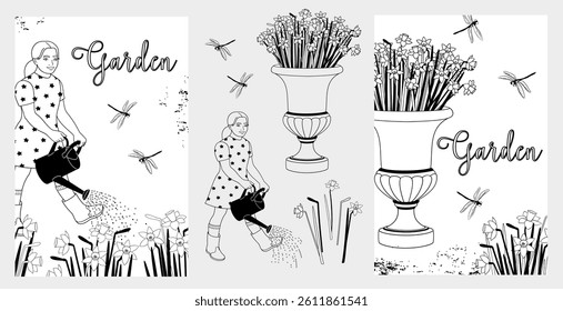 Girl watering flowers from a watering can. Blooming daffodils in planter. Set Elements. Black and white vector illustration