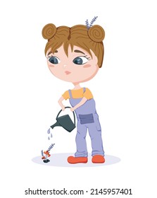 A girl is watering flowers. Children's vector isolated illustration with a cartoon girl. Chibi illustration. Art for postcards, web design, invitations, advertisements, packages.Care of houseplants.