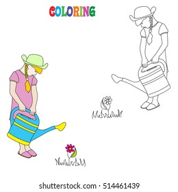Girl watering flowers. Coloring book for little kids. Vector illustration.
