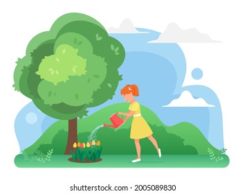 Girl watering flowers in farm garden, growing tulips plants vector illustration. Cartoon happy cute child gardener character planting, care nature environment, gardening hobby isolated on white
