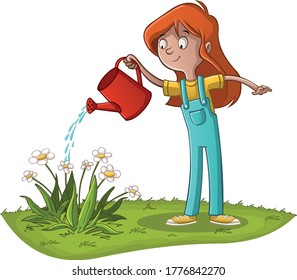 Girl Watering Flowers In The Garden. Kids Working In The Garden With Watering Can.