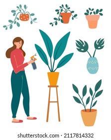 Girl watering flowers. Home flowers for the interior. Concept of Irrigation and care of home flowers.  Decorations and interior design elements. Gardening and hobbies. Cartoon vector illustrations