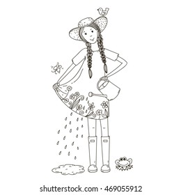 The girl watering flowers on the dress. Vector illustration.