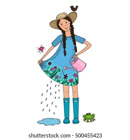 The girl watering flowers on the dress. Vector illustration.