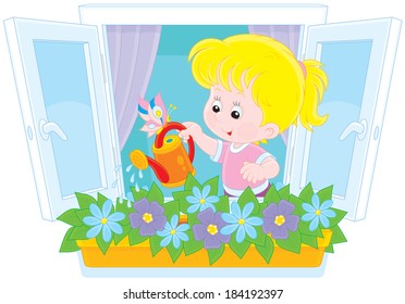 Girl watering flowers on a windowsill