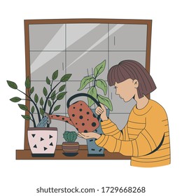Girl watering flowers and plant on the window. Household chores. Home and relax. Hobby and gardening