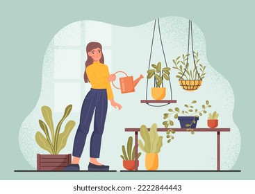 Girl watering flowers. Woman gardening. Nature and ecology. Poster or banner for website. Comfort and coziness in apartment. Decor element and interior for room. Cartoon flat vector illustration