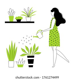 Girl watering the flowers, young woman gardener, farmer, florist - Housewife or maid doing housework - Vector illustration isolated