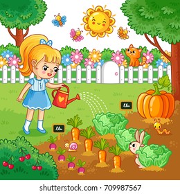 A girl is watering garden bed with vegetables. Vector illustration with farming crops in cartoon style. Agricultural work.