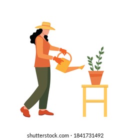 Girl is watering garden bed with. Beautiful girl work in the garden and grow healthy fruits and vegetables. Save Earth.