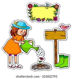 girl watering her garden, plus elements for design