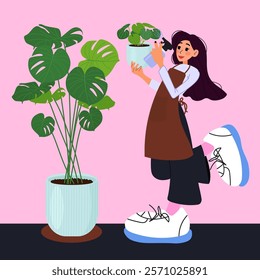 Girl watering her houseplants. Monstera deliciosa. Flat vector illustration.