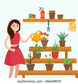 Girl watering house plants on window. Flat style vector illustration.