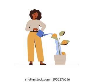 Girl is watering a money tree. Black businesswoman grows plant with coins. Green economy and funding concept. Revenue and income Vector illustration