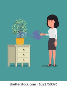 A girl is watering a money tree. Vector illustration. Suitable for animation (individual segments)