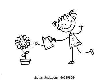 Girl watering plant. doodle illustration