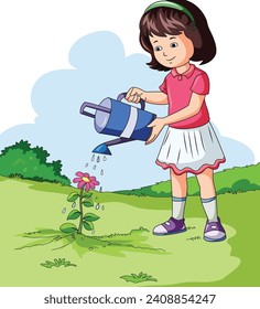 Girl Watering a Plant Vector Illustration