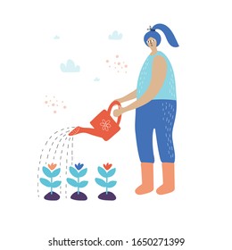 Girl watering plants from a watering can with a flat hand drawn drawing in Scandinavian style
