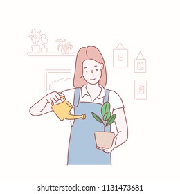 A girl watering plants. hand drawn style vector design illustrations.