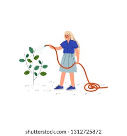 Girl Watering Plants with Hose, Young Woman Working in Garden or Farm Vector Illustration