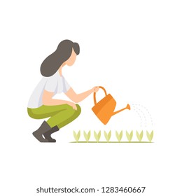 Girl watering seedlings with a watering can, woman working in the garden, worker growing agricultural products vector Illustration