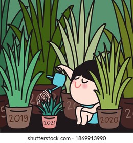 Girl Watering A Smallest Plant In A Smallest Pot With Number Of The Year 2021 On It. Happy New Year Concept Card Character illustration