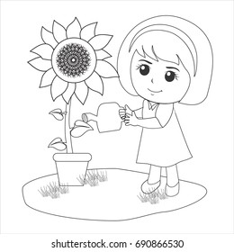 girl watering sun flower. coloring book