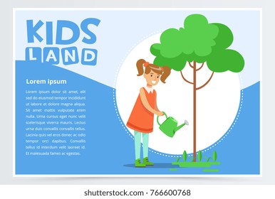 Girl watering a tree with a watering can, eco concept, organic gardening, kids land banner flat vector element for website or mobile app