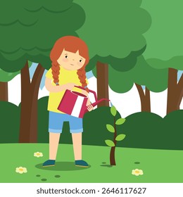 girl watering a tree with a watering can in the park vector illustration
