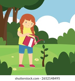 girl watering a tree with a watering can in the park vector illustration