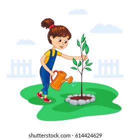 Girl watering a tree from the watering can. Planting a young tree. Children's Vector illustration. 